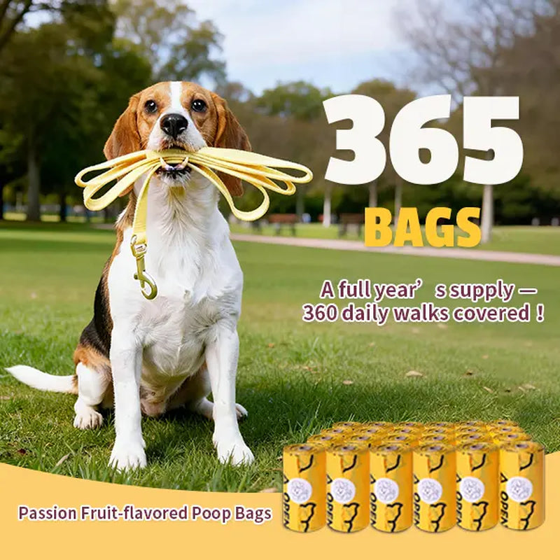 Passion Fruit Scented Leak-Proof Pet Waste Bags - Extra Thick & Large, 365 Count Pack, Yellow Velcro Accessories for Dogs and Cats