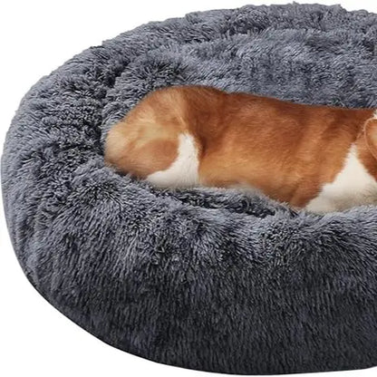 JOLLYVOGUE Medium Calming Dog Bed - 31-Inch Washable Donut Design, Anti-Slip & Anti-Anxiety Fluffy Faux Fur, Suitable for Pets Up to 45 lbs (Smoke Grey)