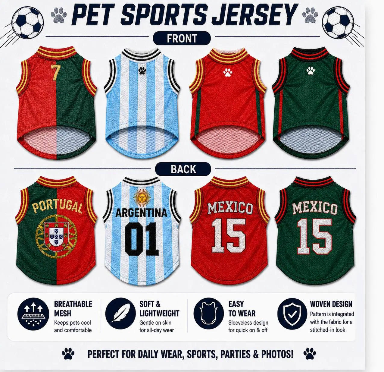 Lightweight Breathable Sleeveless Mesh Pet Sports Jersey for Dogs and Cats - Cute Soccer Style Vest for Small to Medium Pets, Ideal for Parties, Photos, Walks, and Game Day
