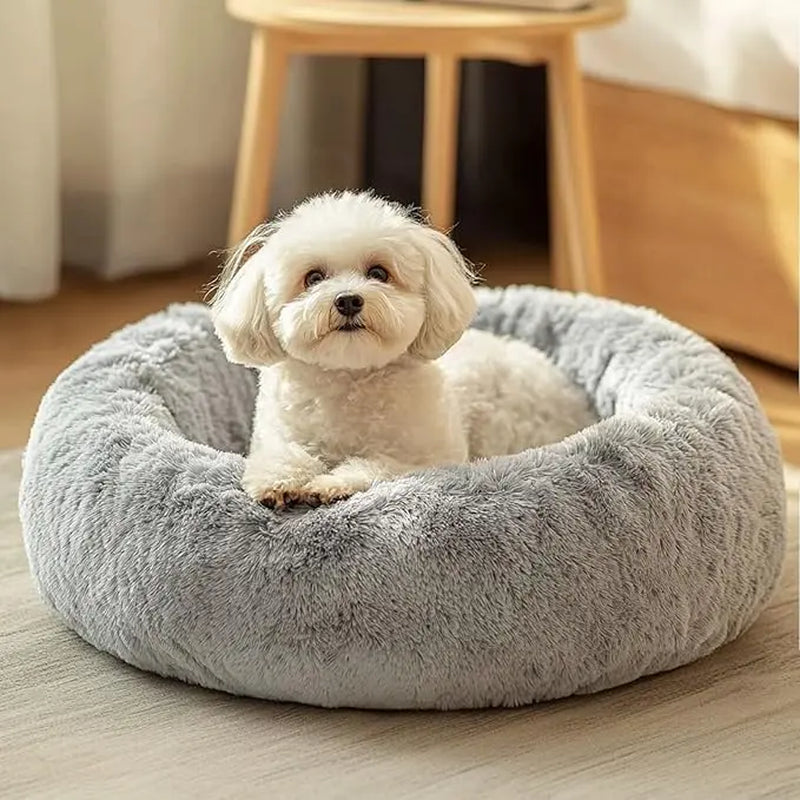 JOLLYVOGUE Medium Calming Dog Bed - 31-Inch Washable Donut Design, Anti-Slip & Anti-Anxiety Fluffy Faux Fur, Suitable for Pets Up to 45 lbs (Smoke Grey)