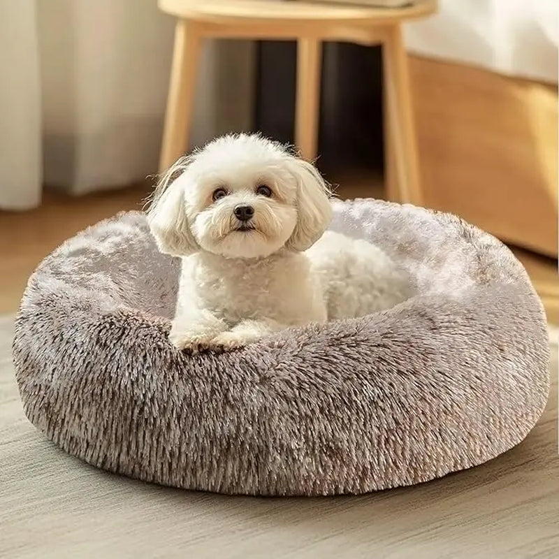 JOLLYVOGUE Medium Calming Dog Bed - 31-Inch Washable Donut Design, Anti-Slip & Anti-Anxiety Fluffy Faux Fur, Suitable for Pets Up to 45 lbs (Smoke Grey)