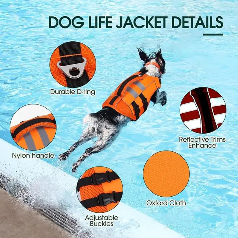 Kuoser Large Dog Life Jacket - High Flotation Safety Vest for Swimming and Boating, Reflective Water Vest with Rescue Handle