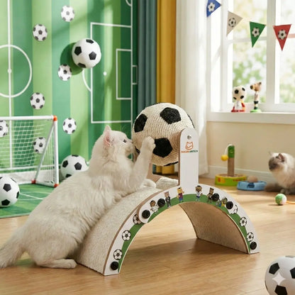 Durable Cat Scratching Post with Soccer Ball - Upgraded Hardened Corrugated Cardboard Arch Bridge - Soccer-Themed Indoor Cat Furniture