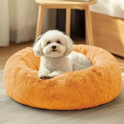 JOLLYVOGUE Medium Calming Dog Bed - 31-Inch Washable Donut Design, Anti-Slip & Anti-Anxiety Fluffy Faux Fur, Suitable for Pets Up to 45 lbs (Smoke Grey)