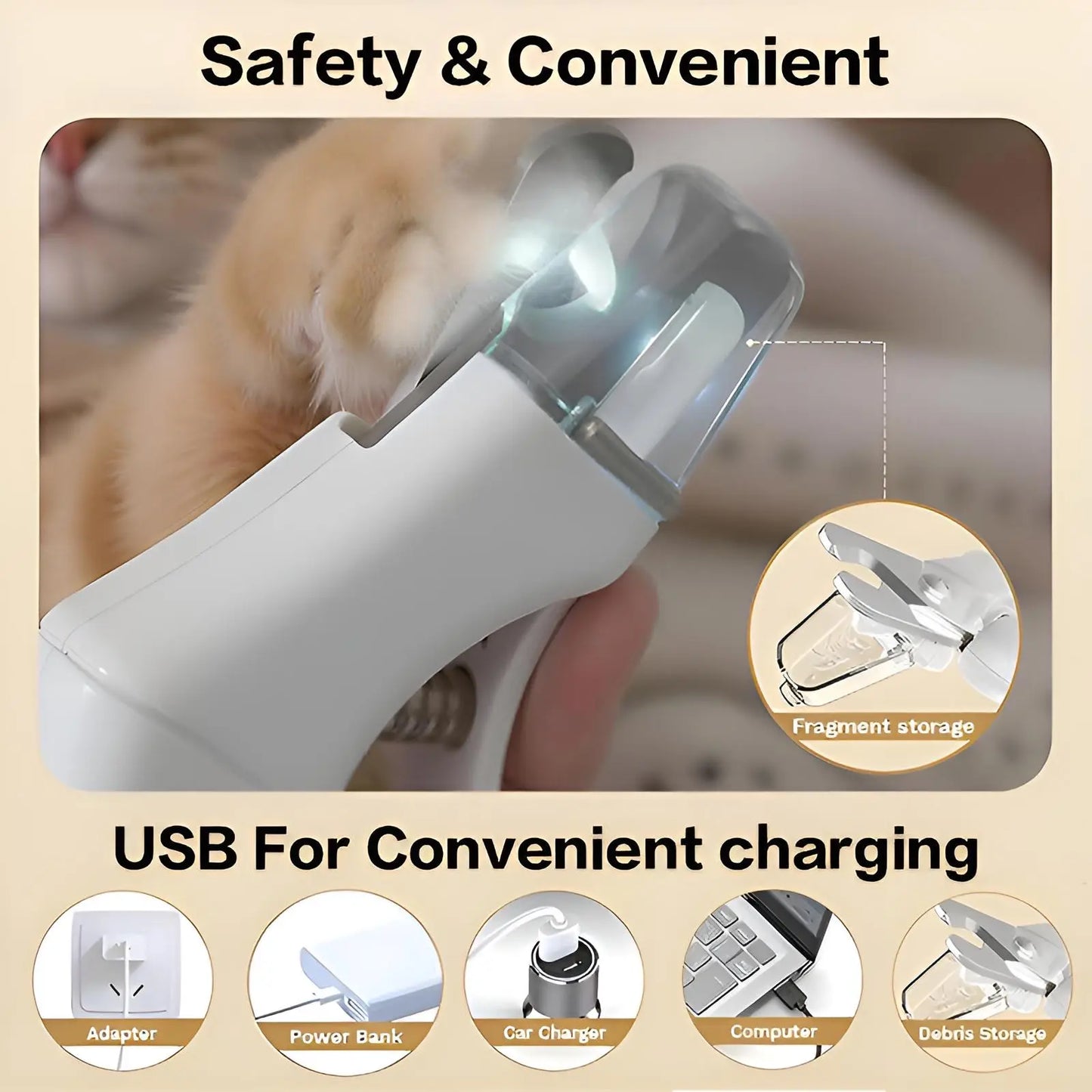 2-in-1 Rechargeable LED Pet Nail Clipper and Grinder with Protective Guard and Quick Sensor for Dogs, Cats, and Rabbits
