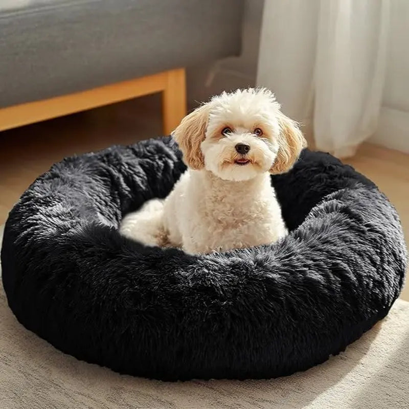 JOLLYVOGUE Medium Calming Dog Bed - 31-Inch Washable Donut Design, Anti-Slip & Anti-Anxiety Fluffy Faux Fur, Suitable for Pets Up to 45 lbs (Smoke Grey)