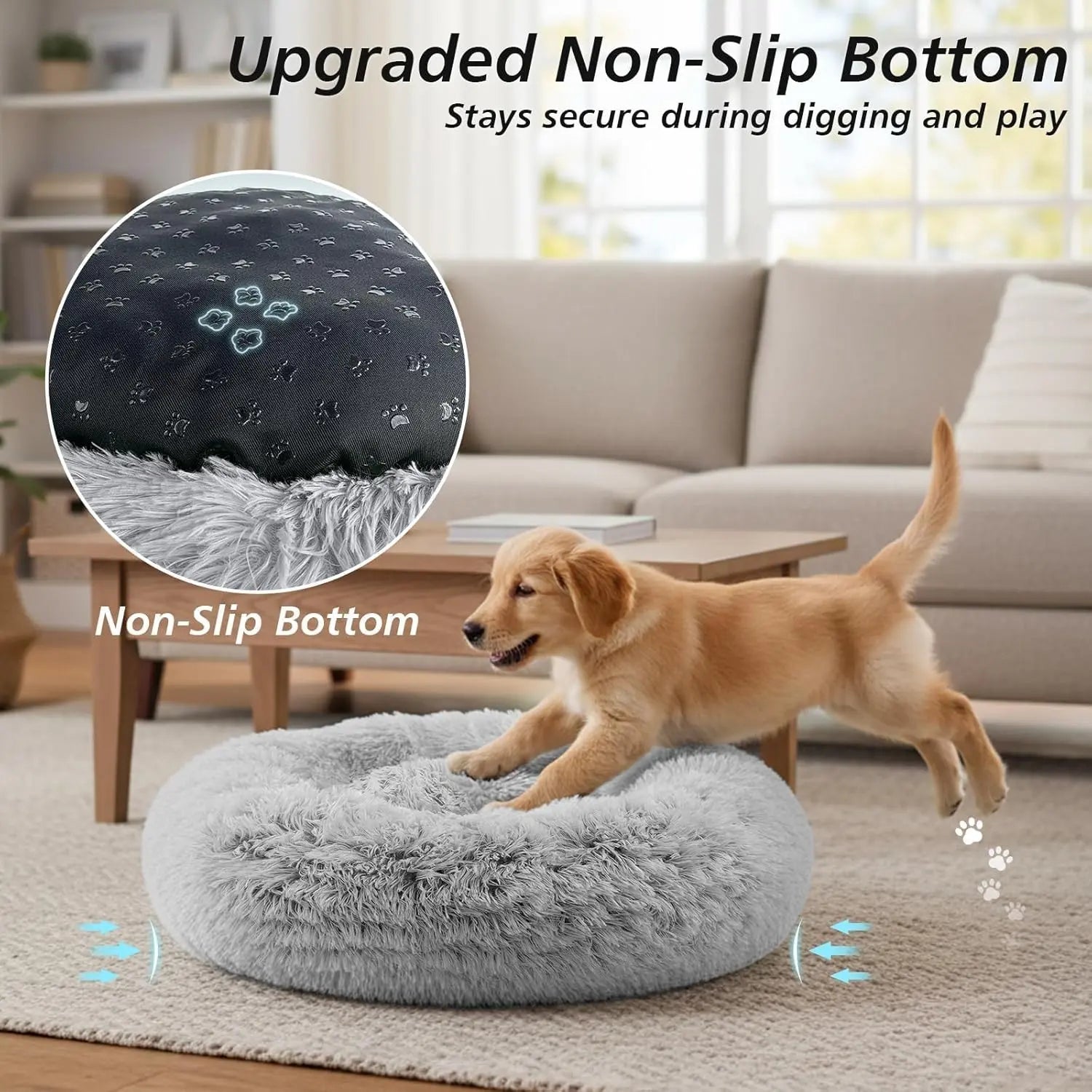 JOLLYVOGUE Medium Calming Dog Bed - 31-Inch Washable Donut Design, Anti-Slip & Anti-Anxiety Fluffy Faux Fur, Suitable for Pets Up to 45 lbs (Smoke Grey)