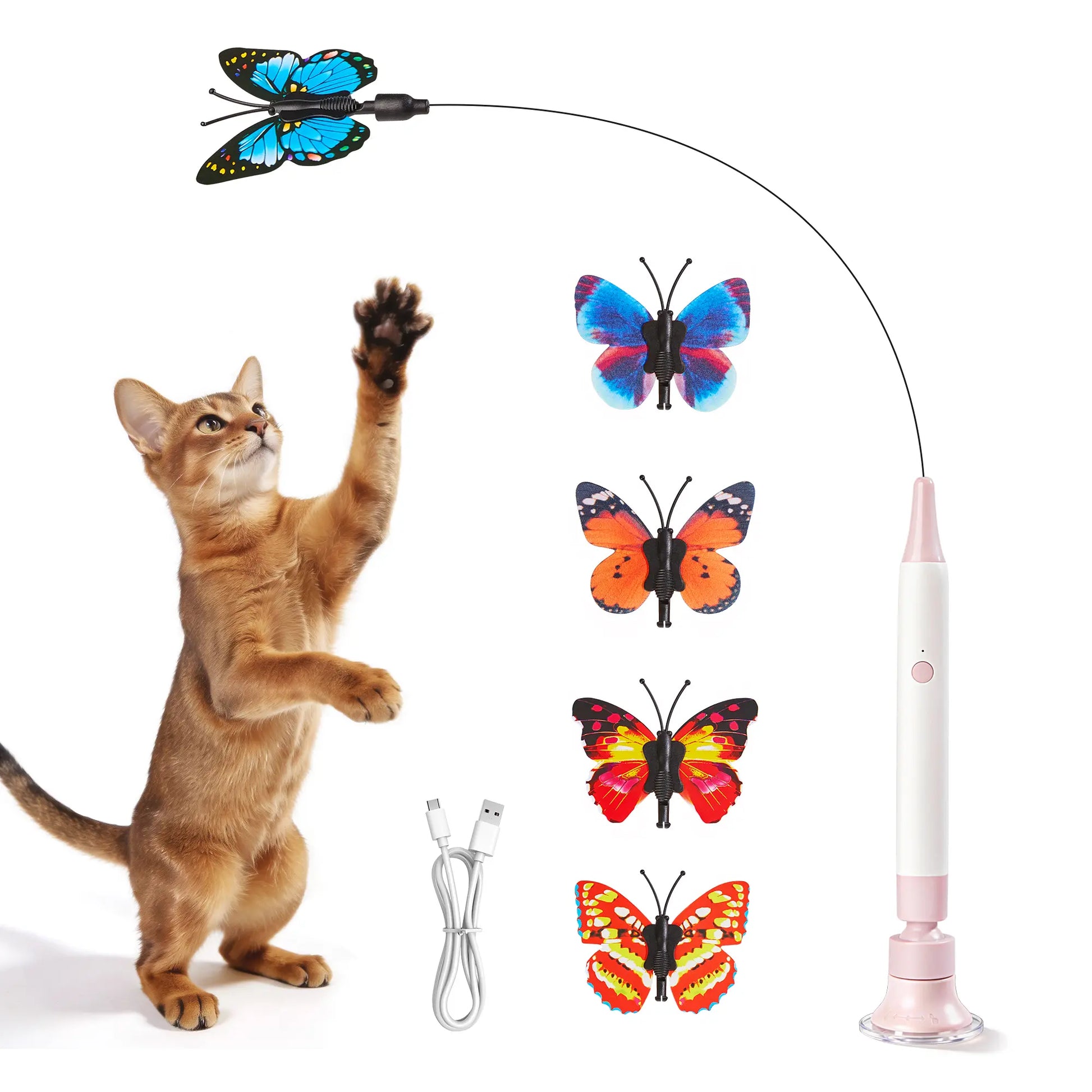 Potaroma Non-Toxic Interactive Butterfly Cat Wand - Rechargeable Electric Spinning and Shaking Toy with Suction Cup and Handheld/Self-Play Modes for Cats and Kittens