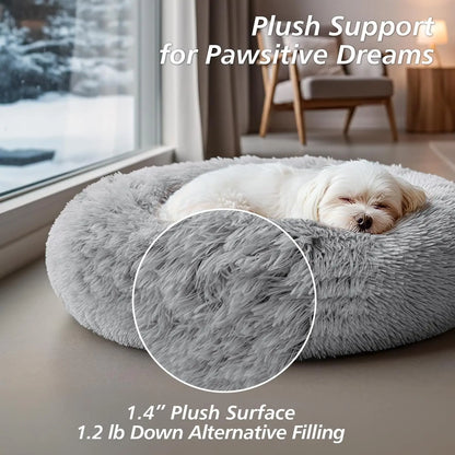 JOLLYVOGUE Medium Calming Dog Bed - 31-Inch Washable Donut Design, Anti-Slip & Anti-Anxiety Fluffy Faux Fur, Suitable for Pets Up to 45 lbs (Smoke Grey)