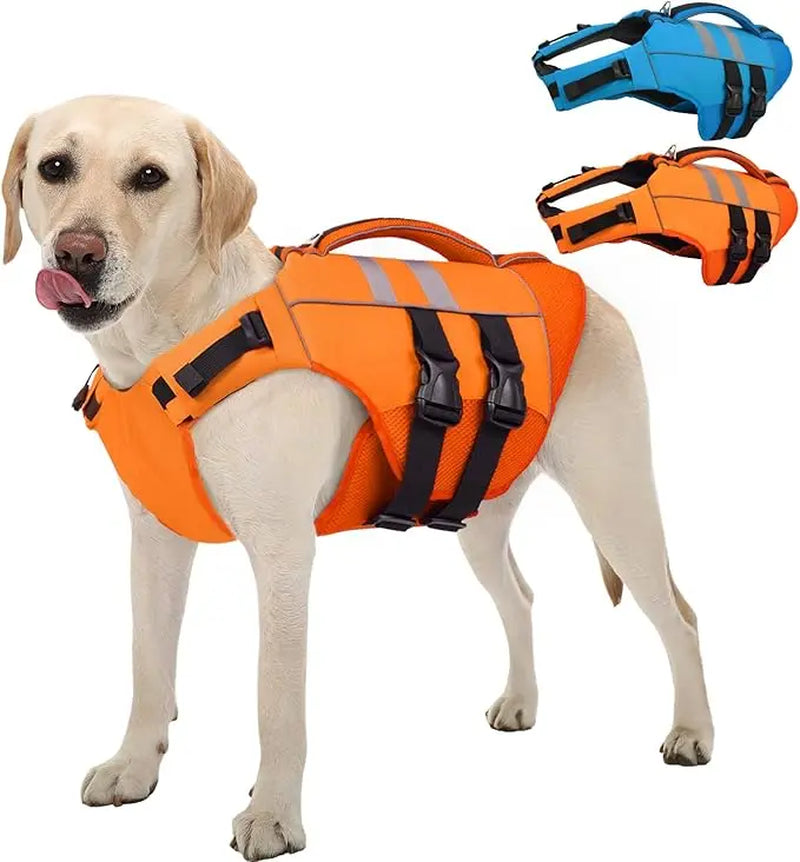 Kuoser Large Dog Life Jacket - High Flotation Safety Vest for Swimming and Boating, Reflective Water Vest with Rescue Handle