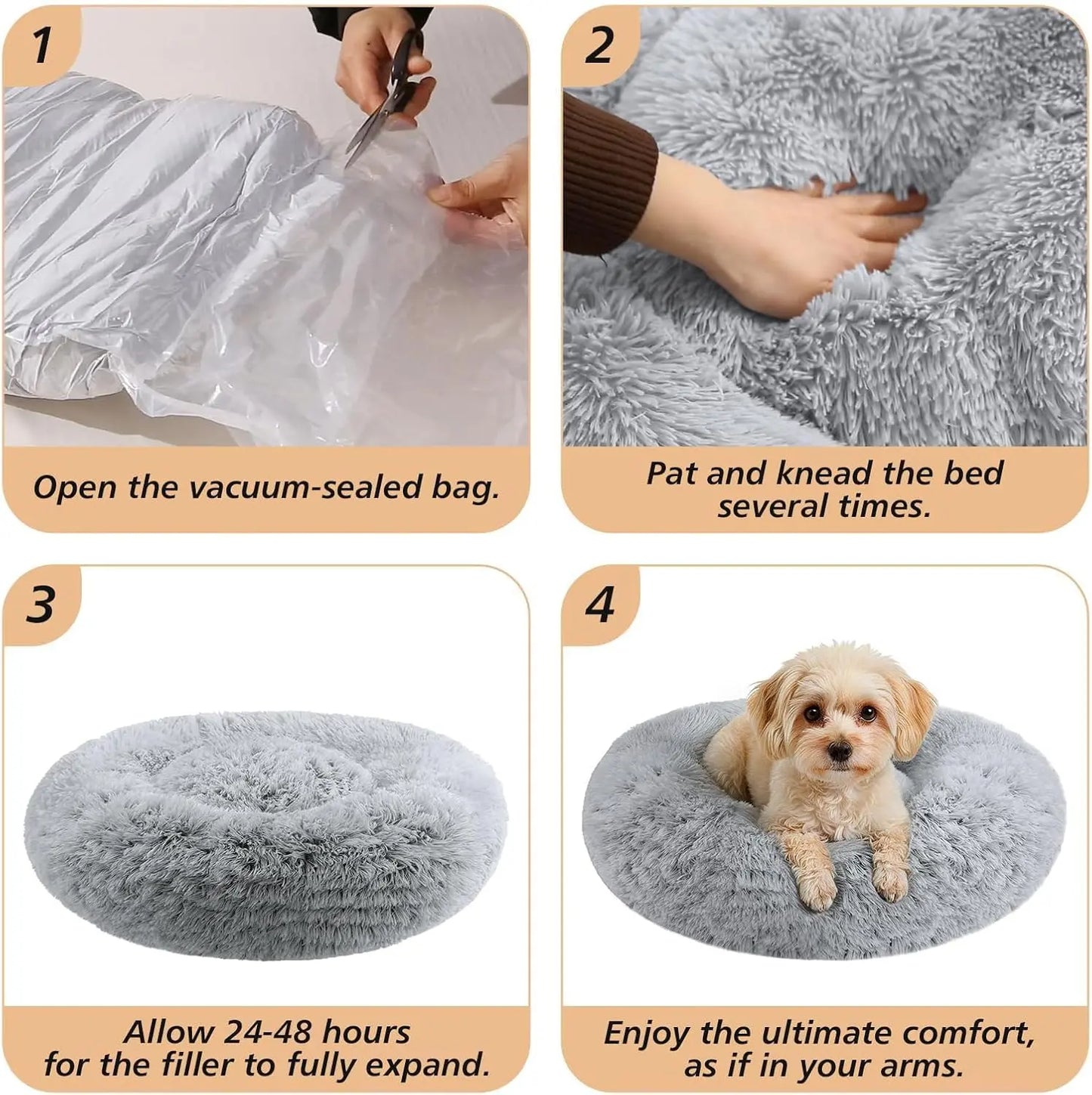 JOLLYVOGUE Medium Calming Dog Bed - 31-Inch Washable Donut Design, Anti-Slip & Anti-Anxiety Fluffy Faux Fur, Suitable for Pets Up to 45 lbs (Smoke Grey)