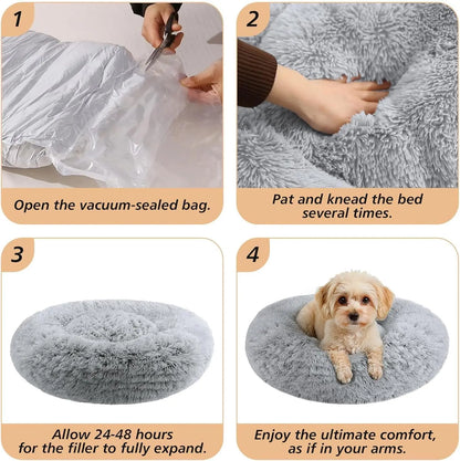 JOLLYVOGUE Medium Calming Dog Bed - 31-Inch Washable Donut Design, Anti-Slip & Anti-Anxiety Fluffy Faux Fur, Suitable for Pets Up to 45 lbs (Smoke Grey)