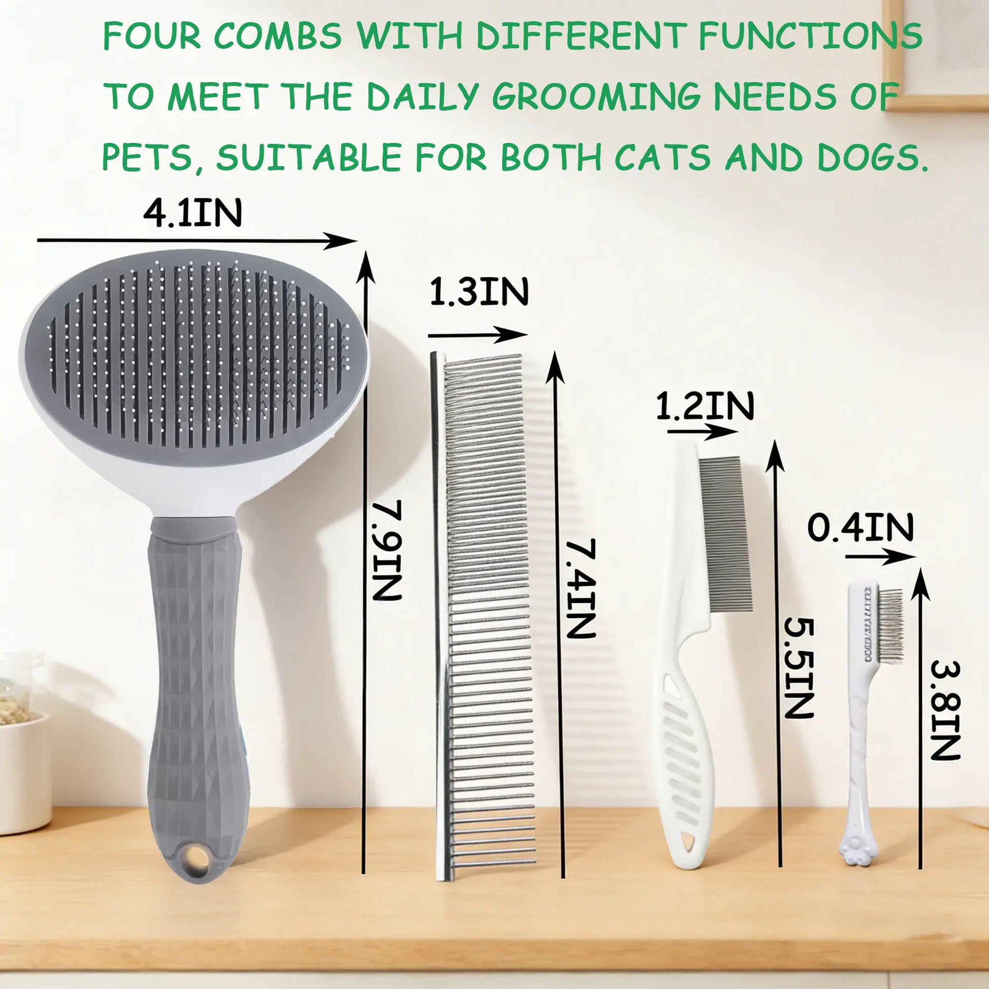 4-Piece Pet Grooming Kit - Self-Cleaning Slicker Brush, Dual-Sided Stainless Steel Dematting Comb, Tear Stain Comb, and Fur Removal Tool for Dogs and Cats with Long or Short Hair - Essential Supplies for a Fur-Free Home