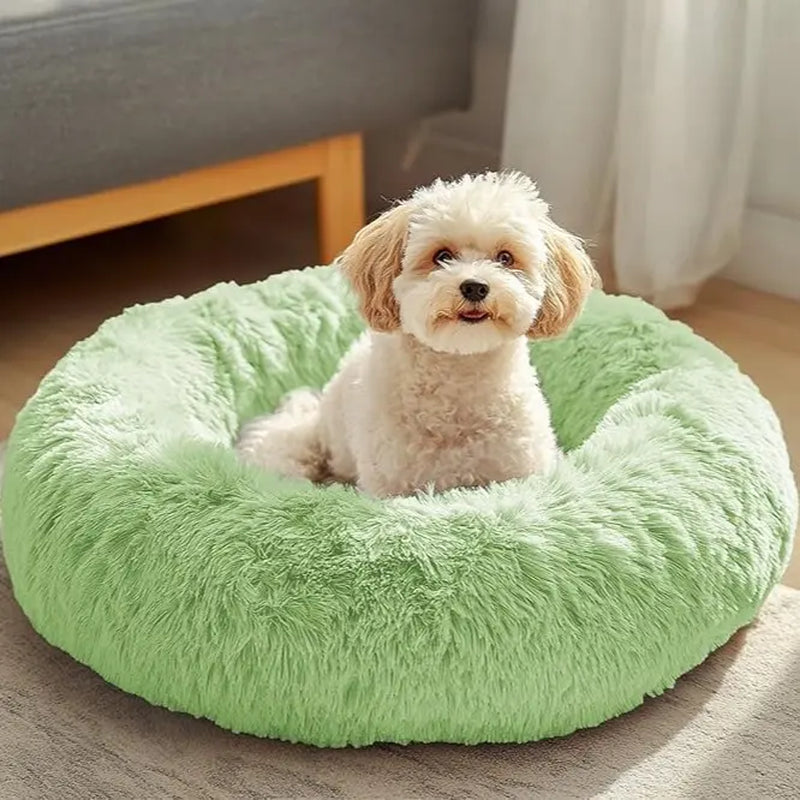 JOLLYVOGUE Medium Calming Dog Bed - 31-Inch Washable Donut Design, Anti-Slip & Anti-Anxiety Fluffy Faux Fur, Suitable for Pets Up to 45 lbs (Smoke Grey)