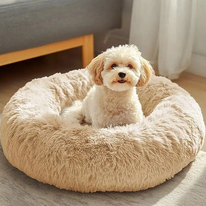 JOLLYVOGUE Medium Calming Dog Bed - 31-Inch Washable Donut Design, Anti-Slip & Anti-Anxiety Fluffy Faux Fur, Suitable for Pets Up to 45 lbs (Smoke Grey)