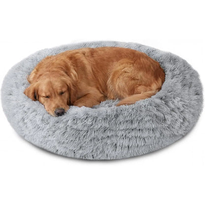 JOLLYVOGUE Medium Calming Dog Bed - 31-Inch Washable Donut Design, Anti-Slip & Anti-Anxiety Fluffy Faux Fur, Suitable for Pets Up to 45 lbs (Smoke Grey)