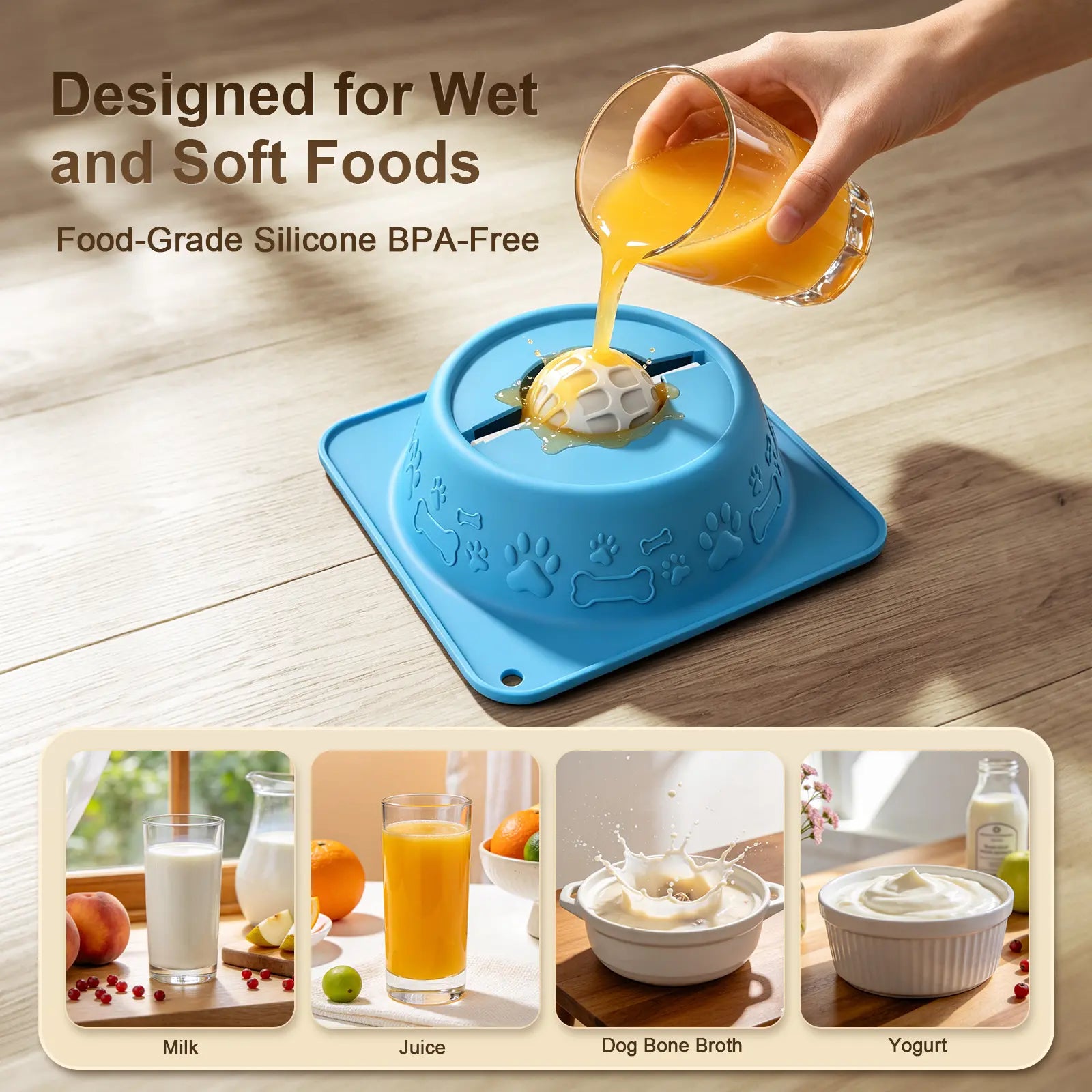 Non-Spill Slow Feeder Lick Bowl for Dogs and Cats - Enrichment Bowl for Wet Treats, Yogurt, Bone Broth, and Puree, Blue