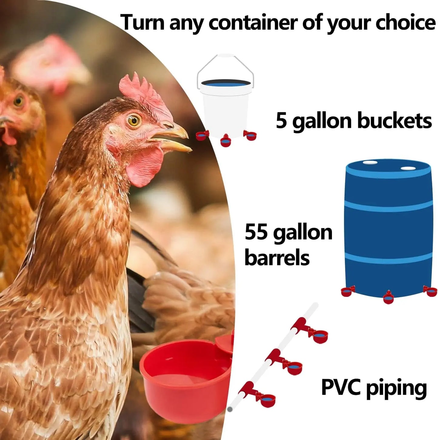 Automatic Poultry Waterer Cups | Versatile Water Feeder for Chickens, Ducks, Geese, Turkeys, and Rabbits | 5-Pack Poultry Water Feeding Kit
