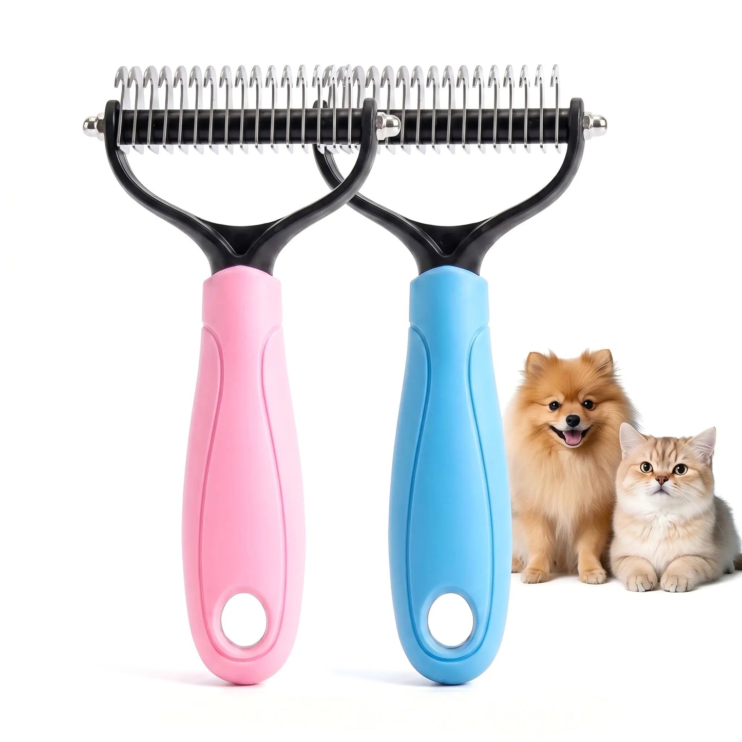 Pet Detangling Comb - Dual-Sided Grooming Brush for Dogs and Cats with One-Click Undercoat Rake for Shedding and Mat Removal
