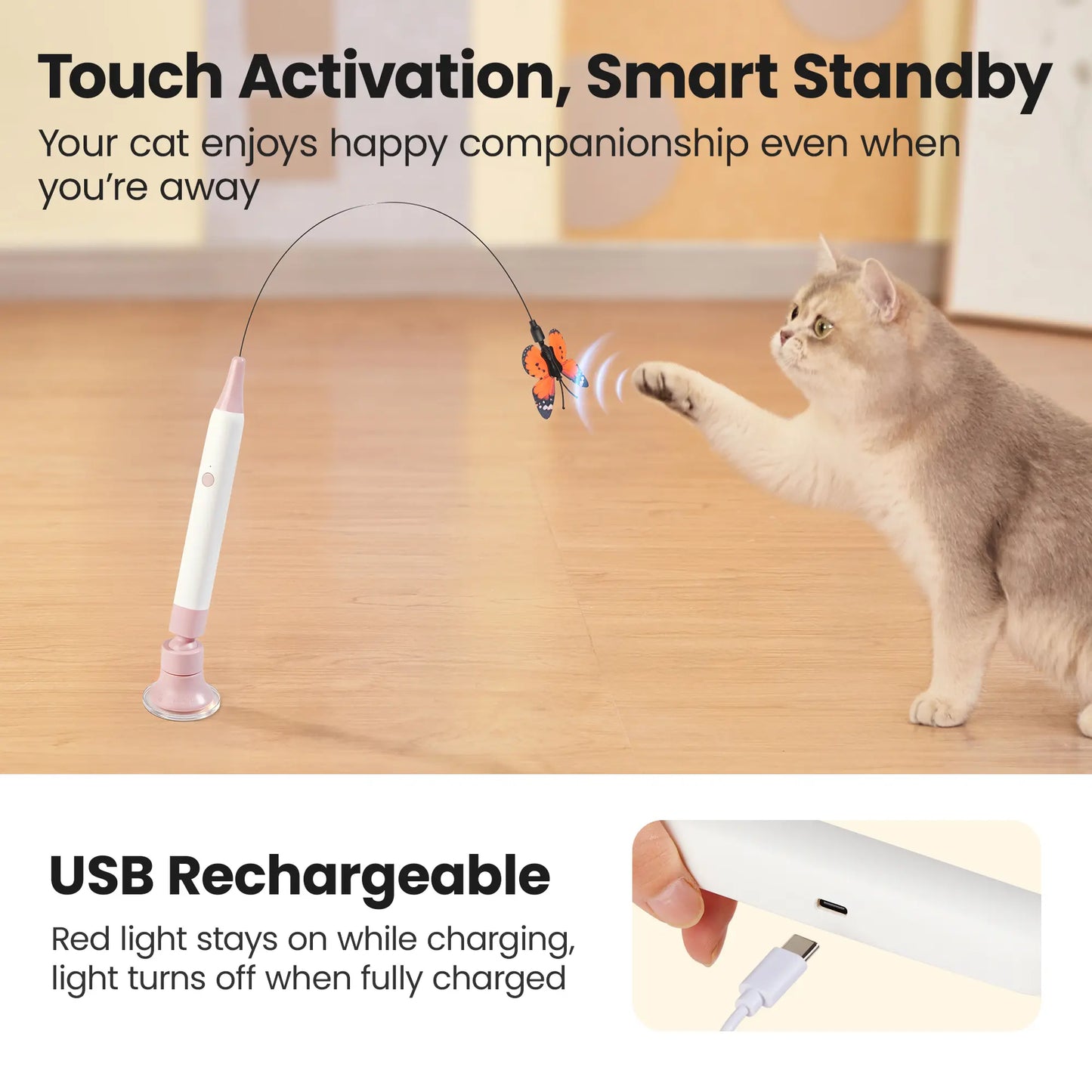 Potaroma Non-Toxic Interactive Butterfly Cat Wand - Rechargeable Electric Spinning and Shaking Toy with Suction Cup and Handheld/Self-Play Modes for Cats and Kittens