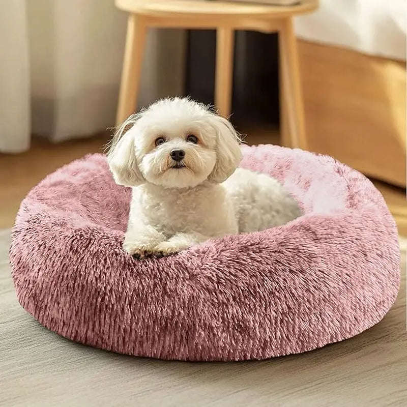JOLLYVOGUE Medium Calming Dog Bed - 31-Inch Washable Donut Design, Anti-Slip & Anti-Anxiety Fluffy Faux Fur, Suitable for Pets Up to 45 lbs (Smoke Grey)