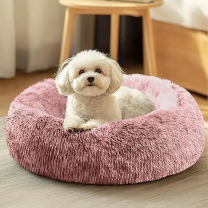 JOLLYVOGUE Medium Calming Dog Bed - 31-Inch Washable Donut Design, Anti-Slip & Anti-Anxiety Fluffy Faux Fur, Suitable for Pets Up to 45 lbs (Smoke Grey)