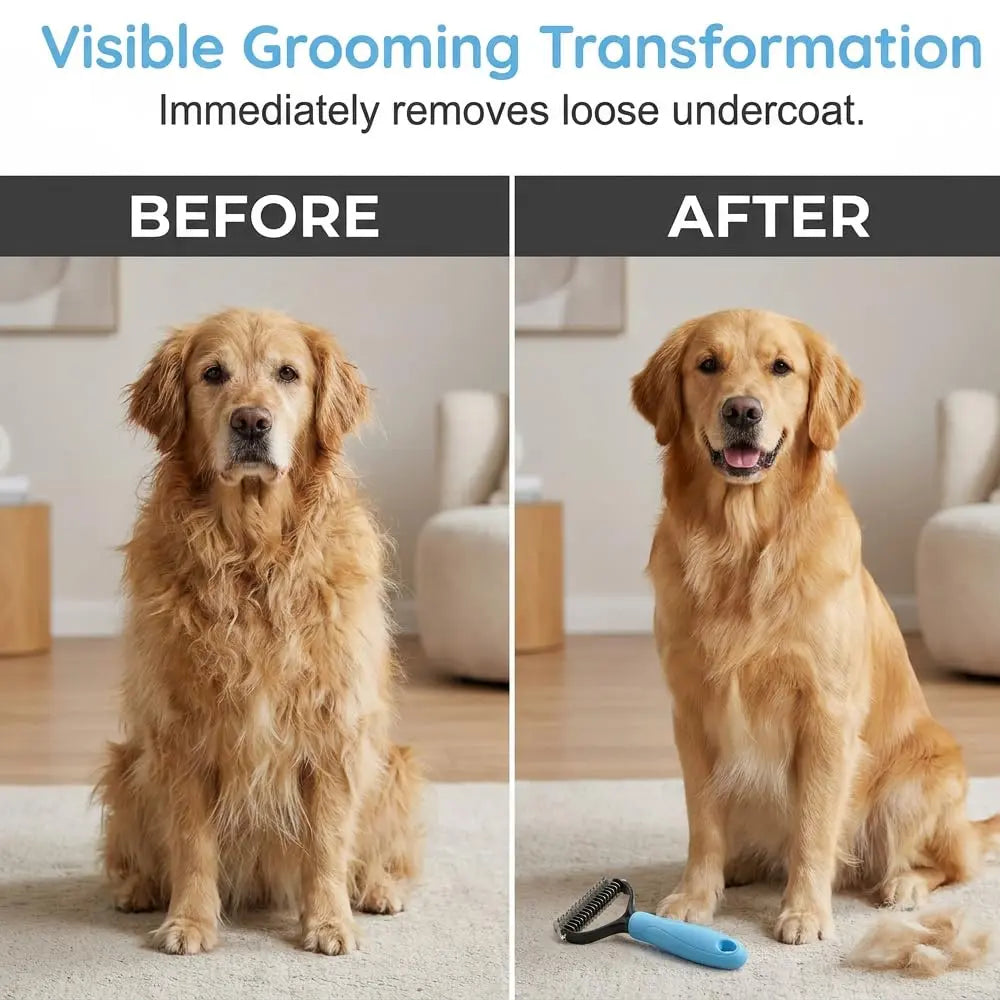 Pet Detangling Comb - Dual-Sided Grooming Brush for Dogs and Cats with One-Click Undercoat Rake for Shedding and Mat Removal