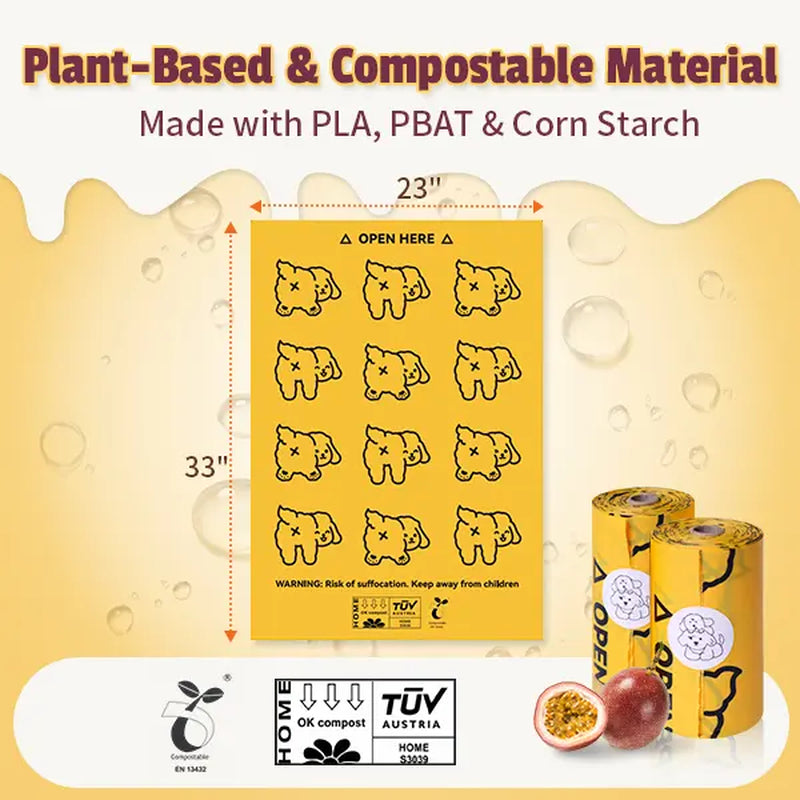 Passion Fruit Scented Leak-Proof Pet Waste Bags - Extra Thick & Large, 365 Count Pack, Yellow Velcro Accessories for Dogs and Cats