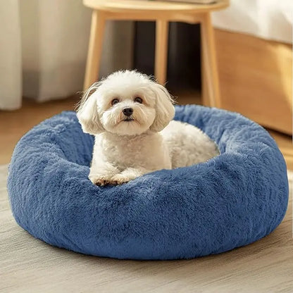 JOLLYVOGUE Medium Calming Dog Bed - 31-Inch Washable Donut Design, Anti-Slip & Anti-Anxiety Fluffy Faux Fur, Suitable for Pets Up to 45 lbs (Smoke Grey)