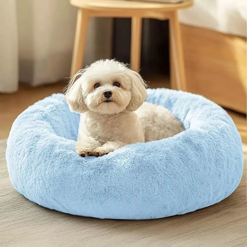 JOLLYVOGUE Medium Calming Dog Bed - 31-Inch Washable Donut Design, Anti-Slip & Anti-Anxiety Fluffy Faux Fur, Suitable for Pets Up to 45 lbs (Smoke Grey)