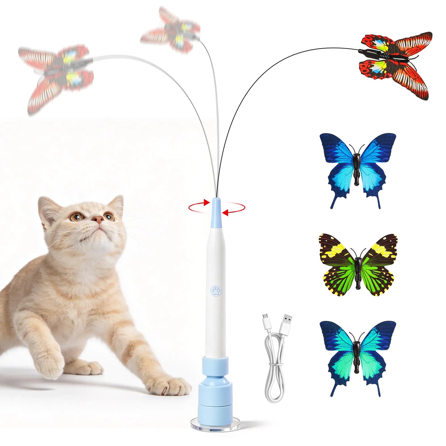 Potaroma Non-Toxic Interactive Butterfly Cat Wand - Rechargeable Electric Spinning and Shaking Toy with Suction Cup and Handheld/Self-Play Modes for Cats and Kittens