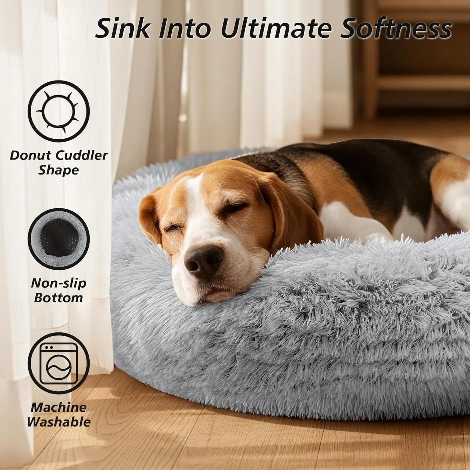 JOLLYVOGUE Medium Calming Dog Bed - 31-Inch Washable Donut Design, Anti-Slip & Anti-Anxiety Fluffy Faux Fur, Suitable for Pets Up to 45 lbs (Smoke Grey)