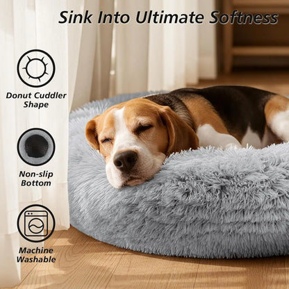 JOLLYVOGUE Medium Calming Dog Bed - 31-Inch Washable Donut Design, Anti-Slip & Anti-Anxiety Fluffy Faux Fur, Suitable for Pets Up to 45 lbs (Smoke Grey)