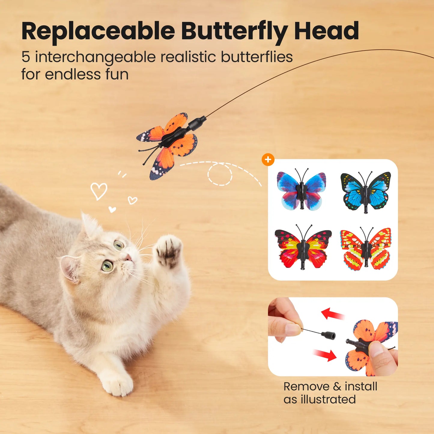 Potaroma Non-Toxic Interactive Butterfly Cat Wand - Rechargeable Electric Spinning and Shaking Toy with Suction Cup and Handheld/Self-Play Modes for Cats and Kittens