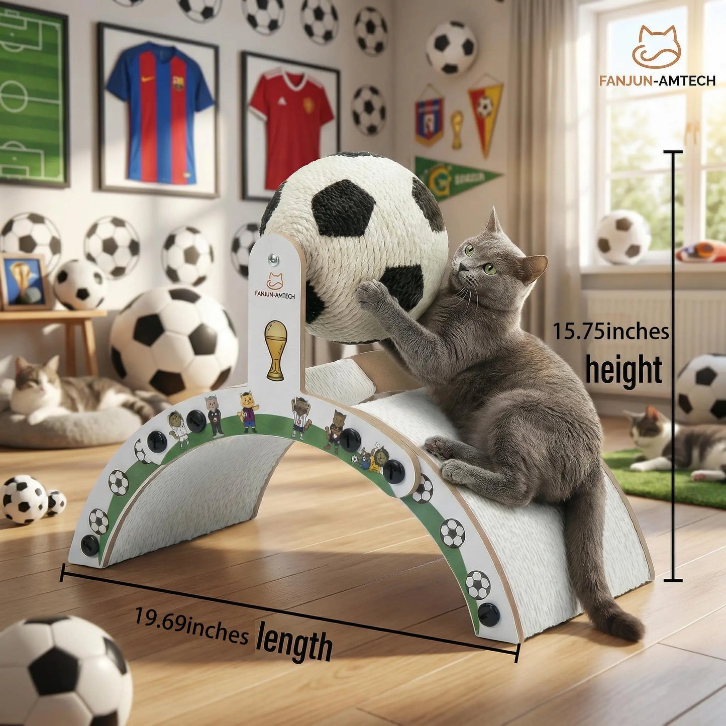Durable Cat Scratching Post with Soccer Ball - Upgraded Hardened Corrugated Cardboard Arch Bridge - Soccer-Themed Indoor Cat Furniture