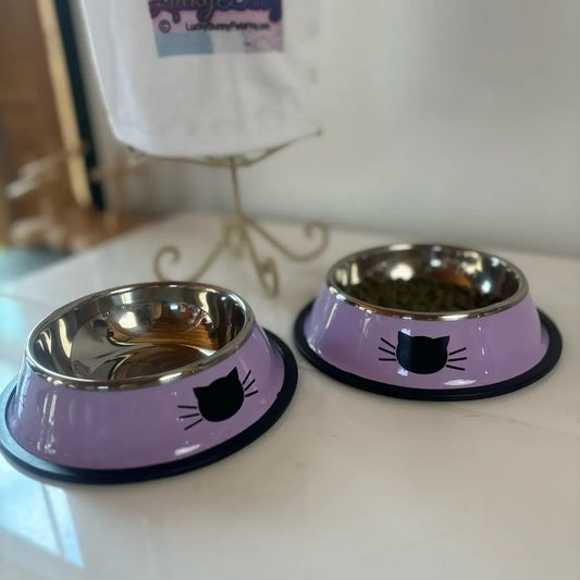 Stainless Steel Cat and Kitten Bowl Set of 2 - Colorful Kitty Design with Rubber Base for Stability, Ideal Serving Size for Pet Treats