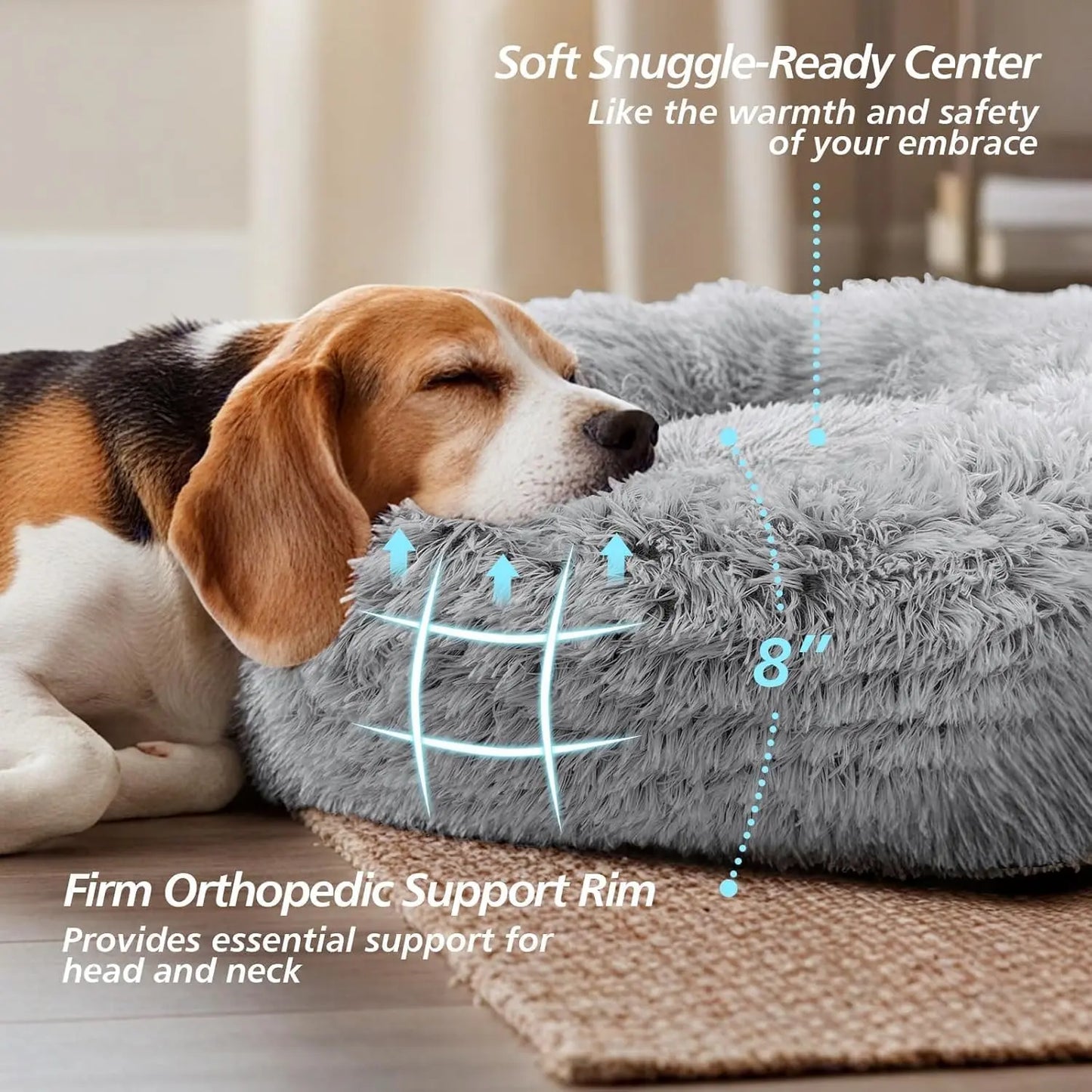 JOLLYVOGUE Medium Calming Dog Bed - 31-Inch Washable Donut Design, Anti-Slip & Anti-Anxiety Fluffy Faux Fur, Suitable for Pets Up to 45 lbs (Smoke Grey)