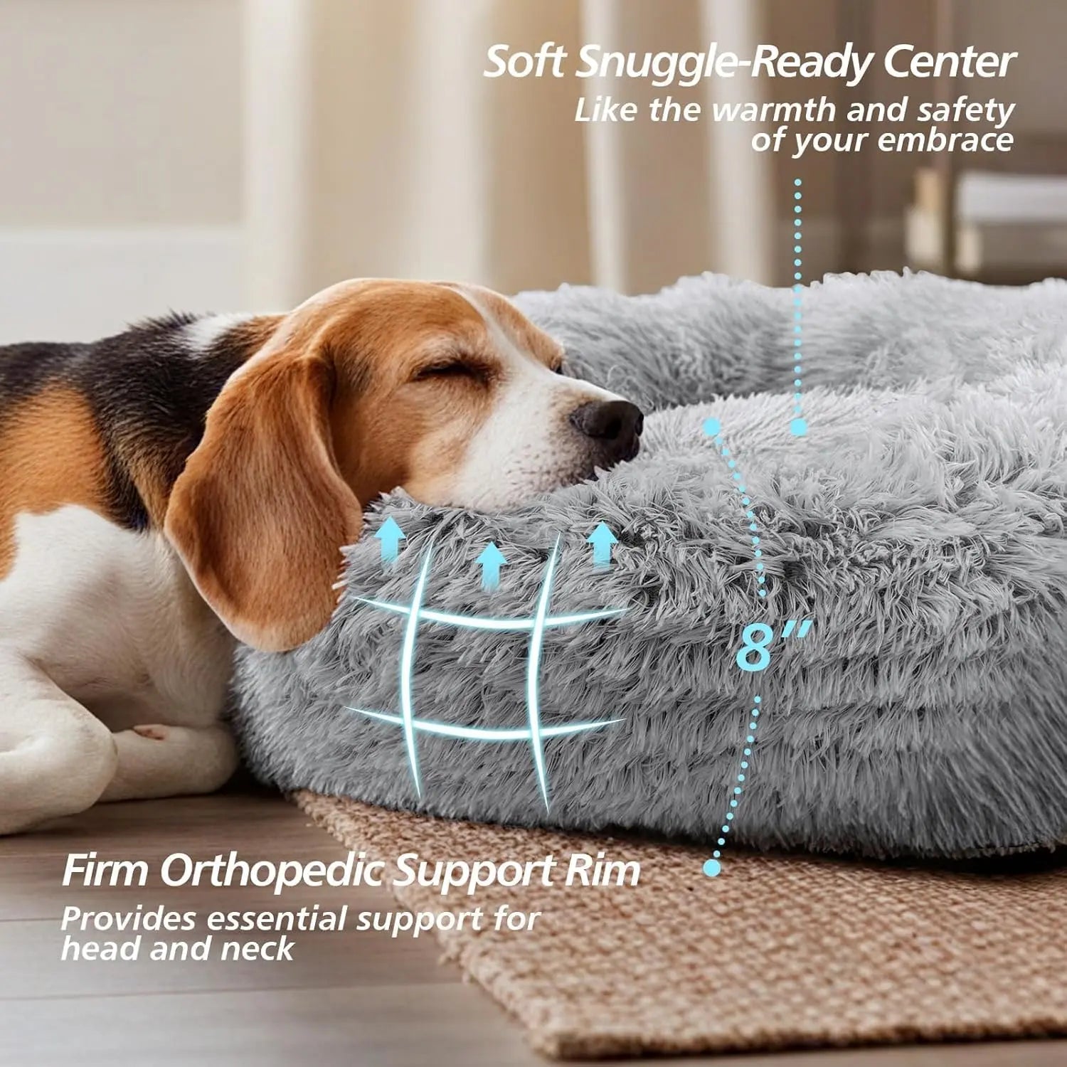 JOLLYVOGUE Medium Calming Dog Bed - 31-Inch Washable Donut Design, Anti-Slip & Anti-Anxiety Fluffy Faux Fur, Suitable for Pets Up to 45 lbs (Smoke Grey)